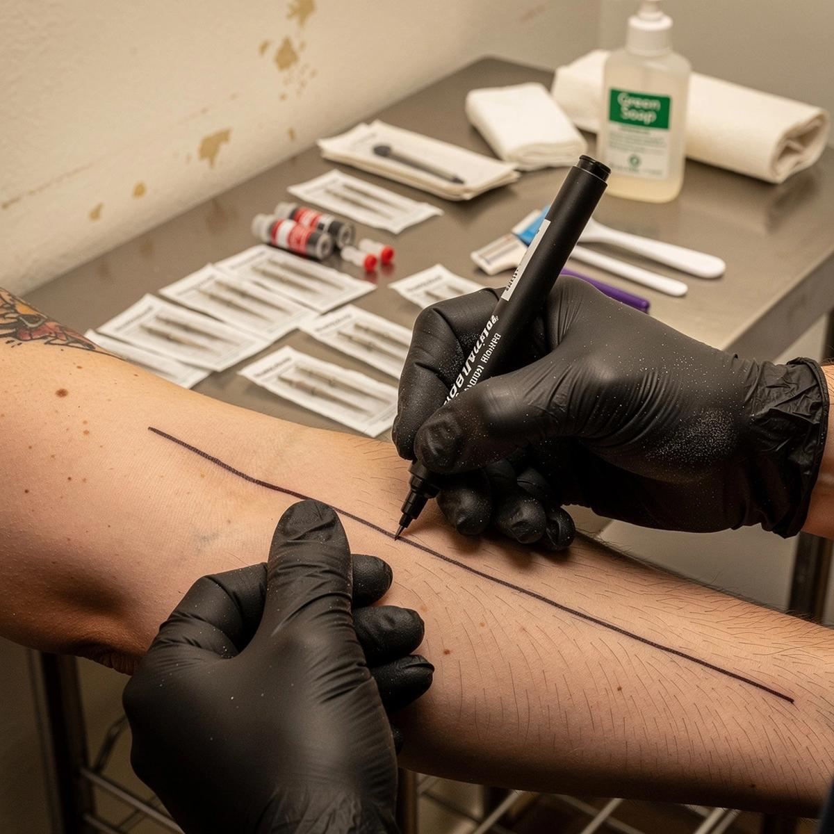 Tattoo artist marking placement lines on a client's forearm in the studio